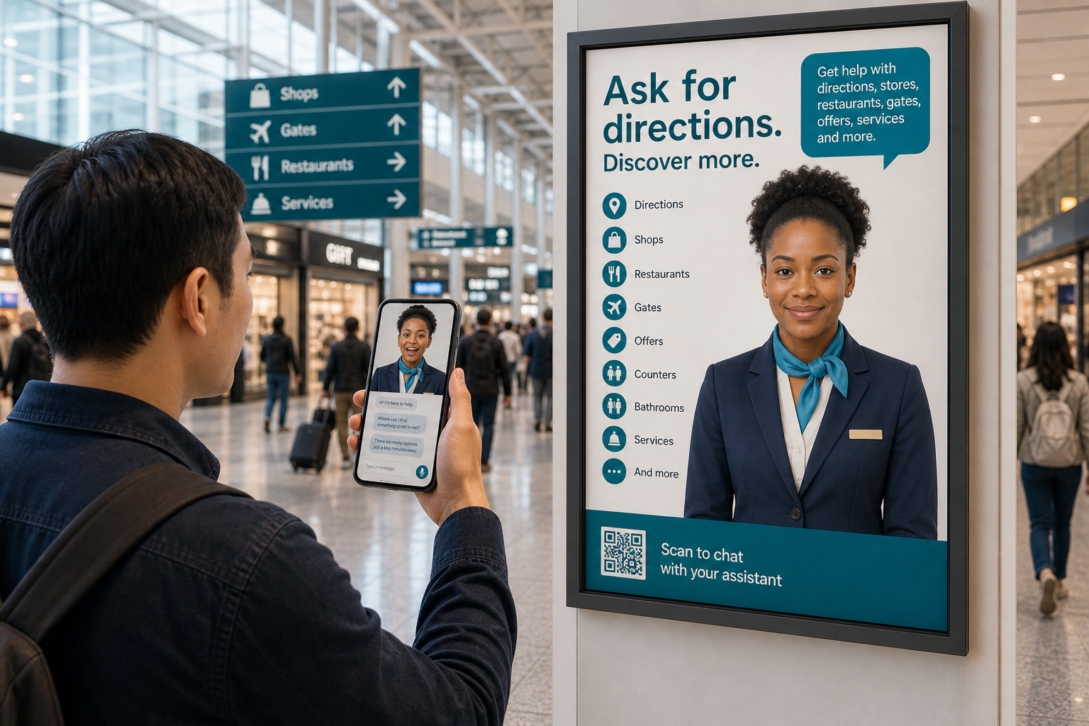 A traveler using a phone to ask an airport shopping poster for location-based guidance