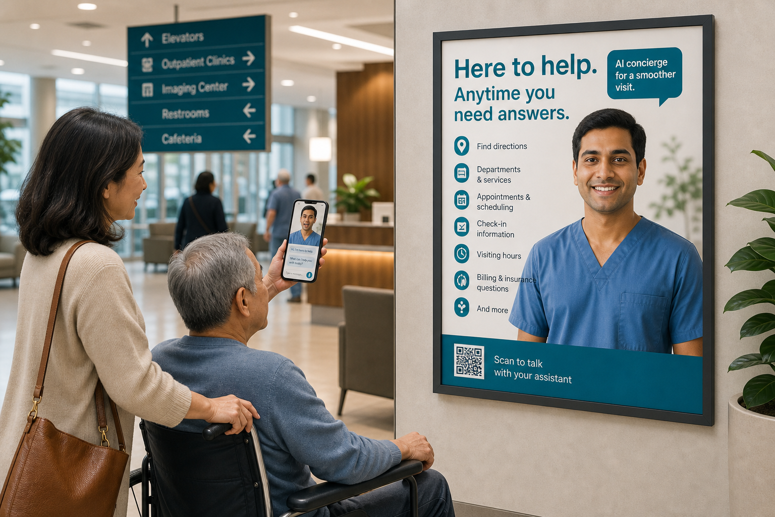 A patient in a wheelchair and family member using a phone to speak with a hospital AI concierge poster