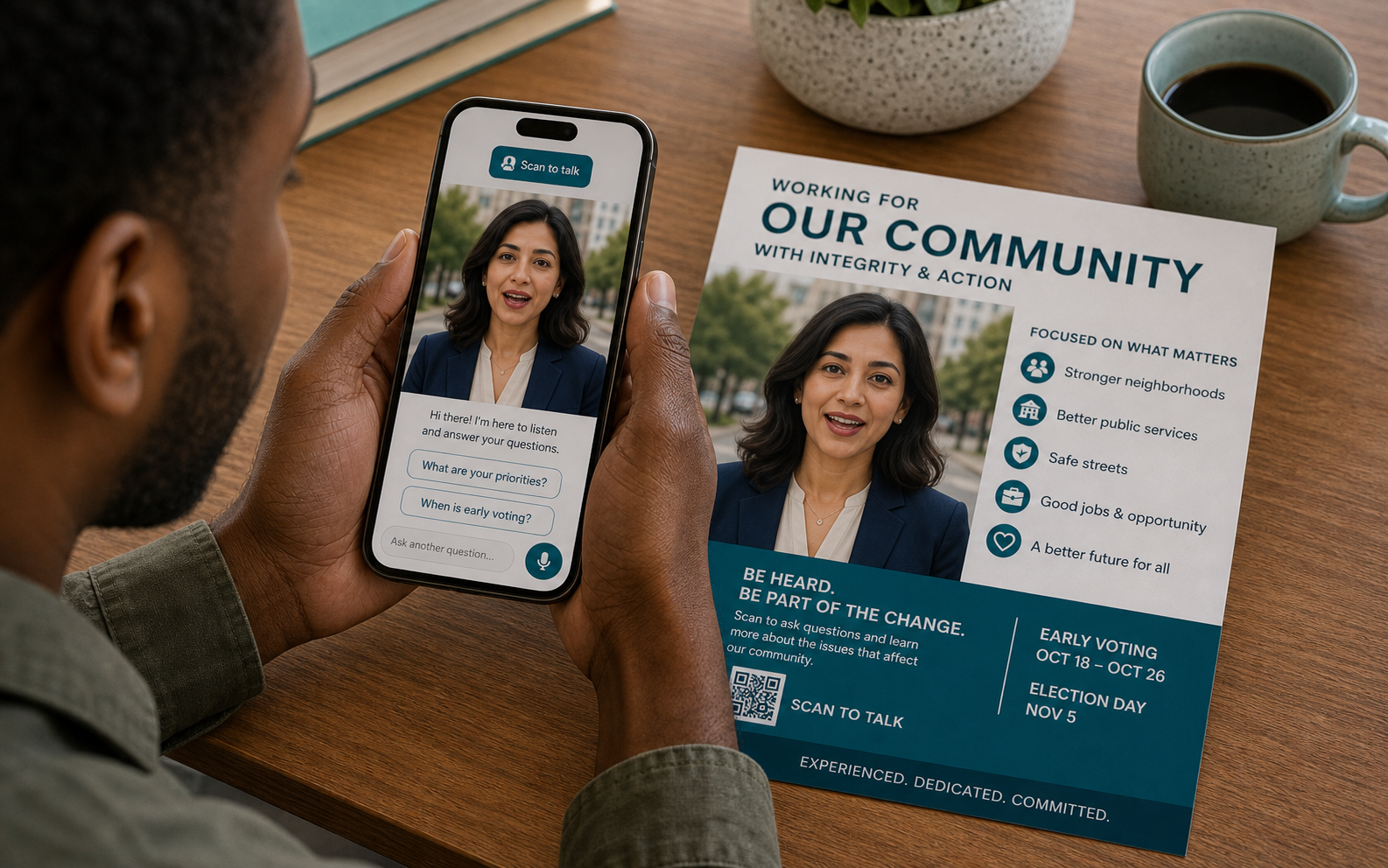A voter using a phone to ask questions through an interactive political mailer