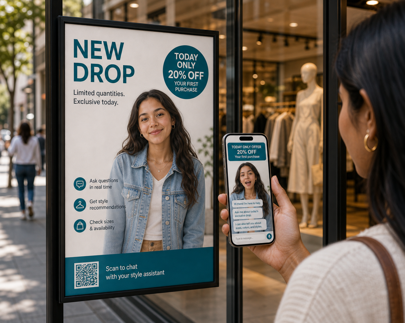 A shopper scanning a retail poster to unlock an exclusive day-of promo