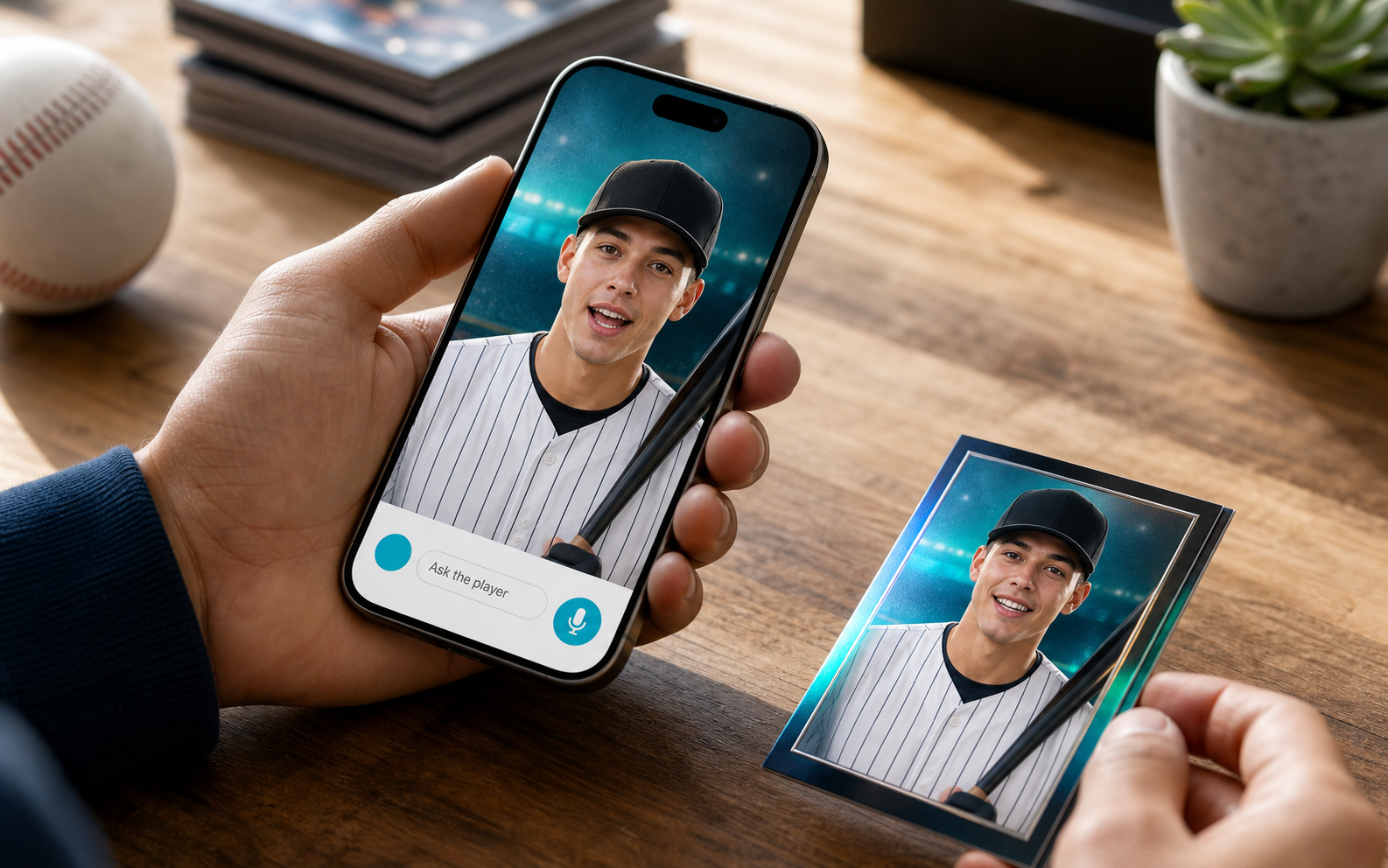 A phone activating a baseball card so a fan can talk to the player