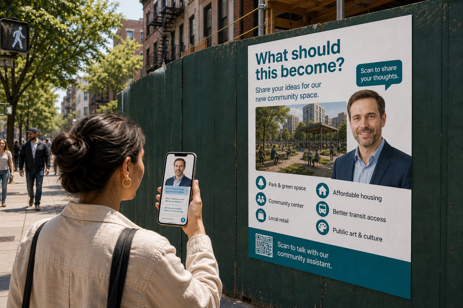 A resident scanning a construction site poster to share what the neighborhood wants